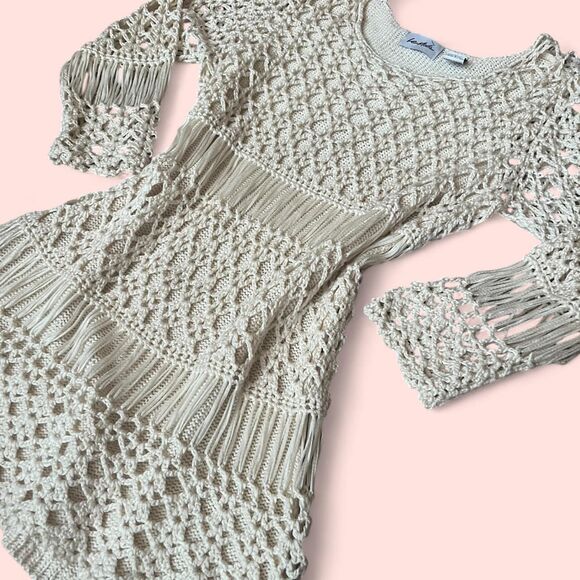 Unique See- Through Boho Cream Crochet Knit Cover-Up. M. - Picture 2 of 8
